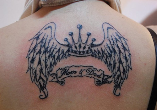 Crown With Wings And Banner Tattoo On Upper Back