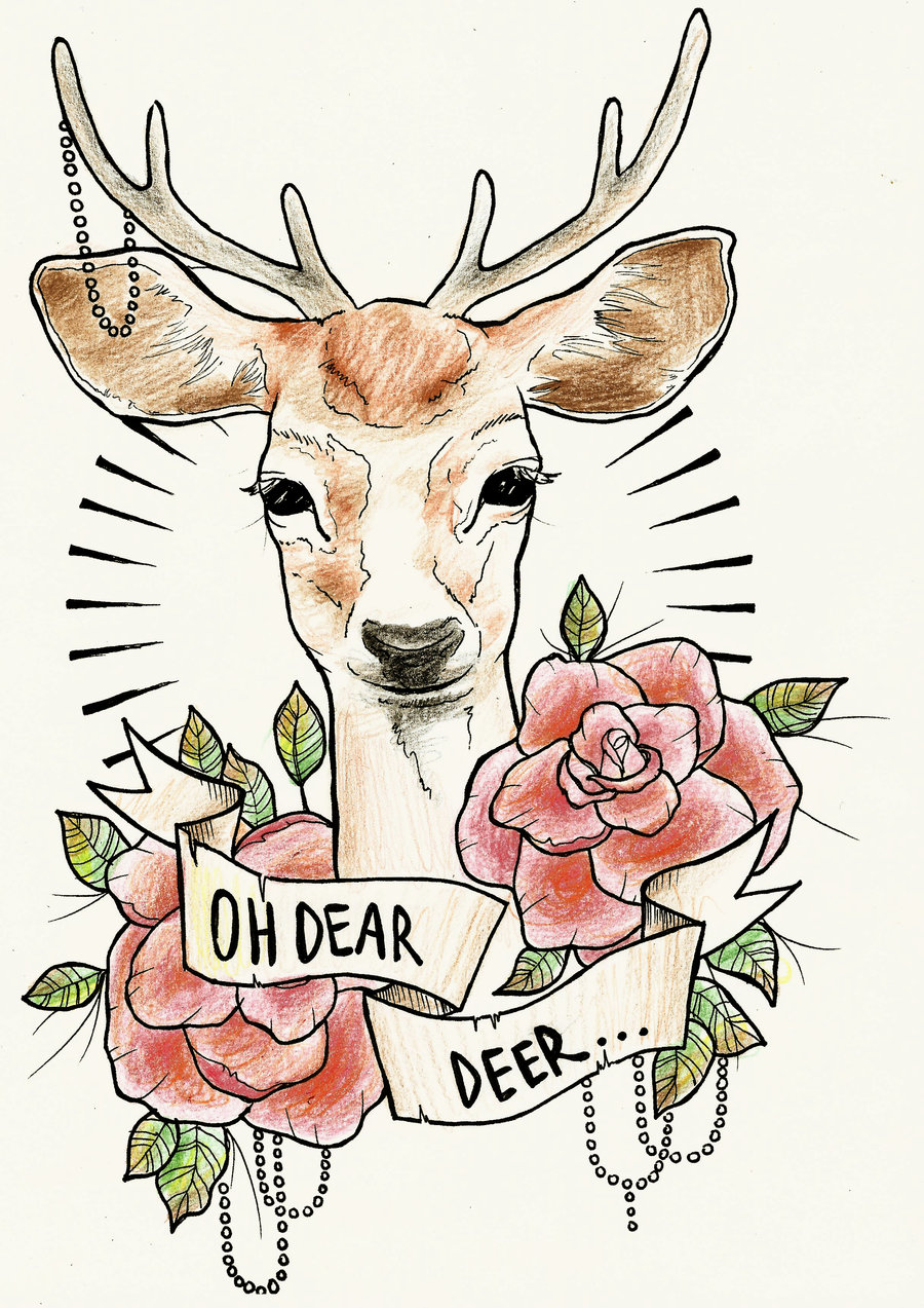 Cute Deer Head With Two Red Roses And Banner Tattoo Design