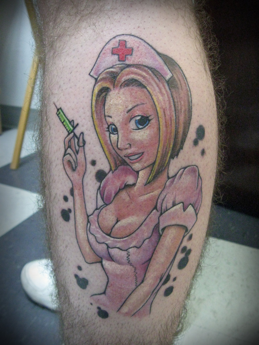 Cute Nurse Tattoo On Leg Calf By Nate King