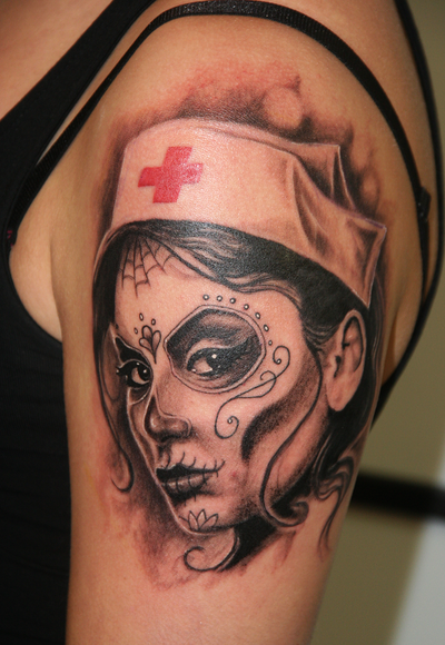 Dia De Los Muertos Nurse Tattoo On Left Shoulder
