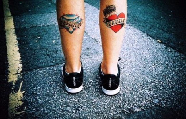 Diamond And Heart With Banner Tattoo On Both Leg Calf
