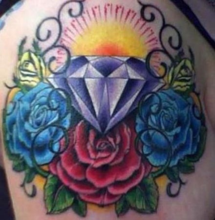 Diamond With Roses Tattoo Design For Shoulder