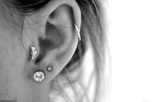 Double Lobe, Helix And Tragus Feather Piercing Image