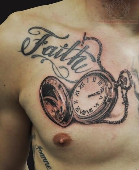 Faith - Black And Grey Pocket Watch Tattoo On Man Right Chest