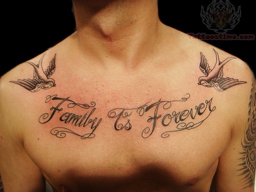 Family Is Forever Lettering With Two Flying Birds Tattoo On Man Chest