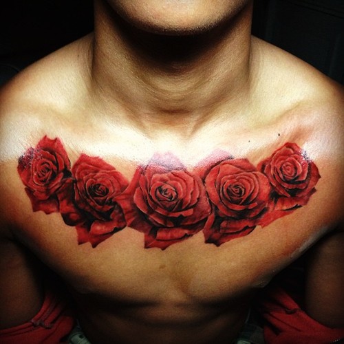 Five Red Roses Tattoo On Man Chest