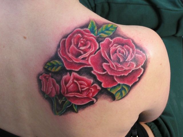 Four Red Roses Tattoo On Right Back Shoulder