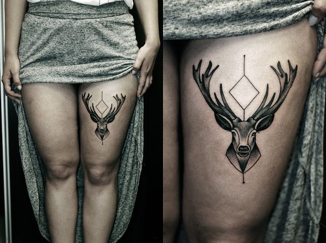 Geometric Deer Head Tattoo On Girl Thigh