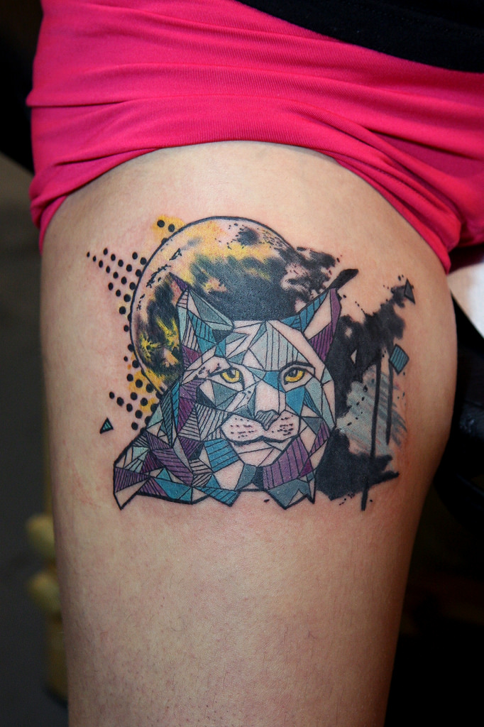Geometric Lynx Face Tattoo On Girl Thigh By Deanna Wardin