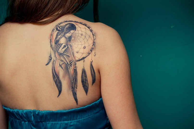 Girl Face In Dream Catcher Tattoo On Women Right Back Shoulder