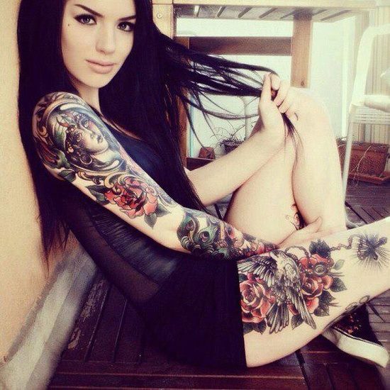 Girl Face With Roses Tattoo On Women Right Full Sleeve And Thigh