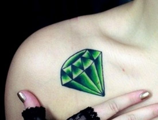 Green Diamond Tattoo On Girl Front Shoulder