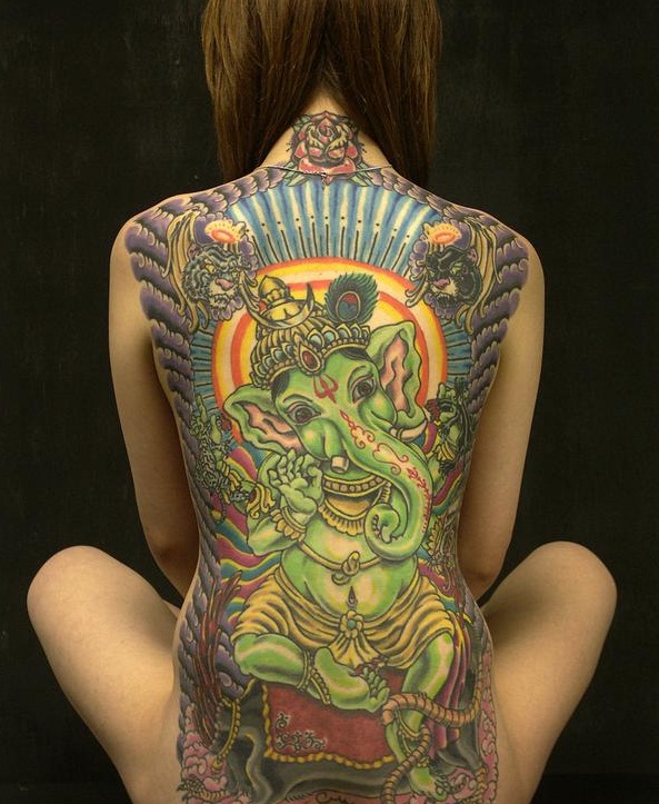 Green Ganesha Tattoo On Girl Full Back By Jordan Wyle