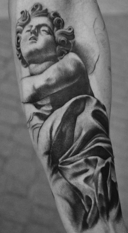Grey Ink 3D Baby Statue Tattoo On Forearm
