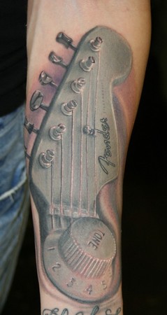 Grey Ink 3D Guitar Hand Stock Tattoo On Full Sleeve