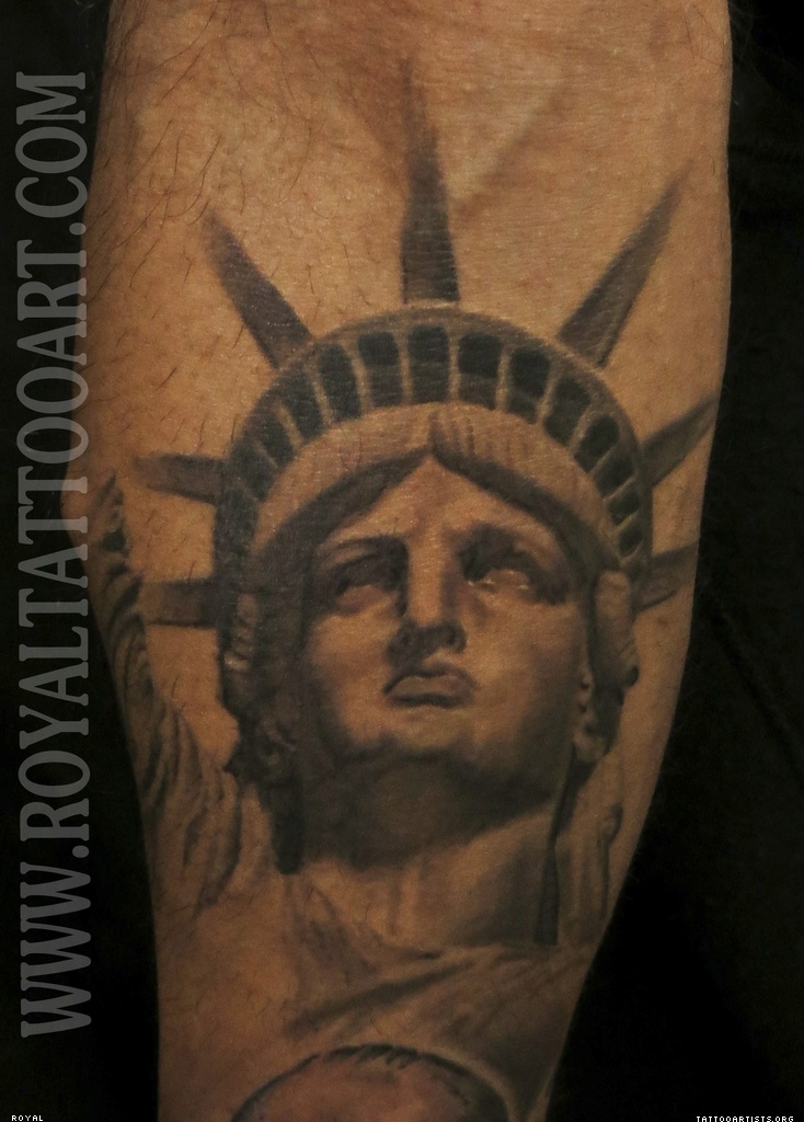 Grey Ink 3D Statue Of Liberty Tattoo Design For Forearm