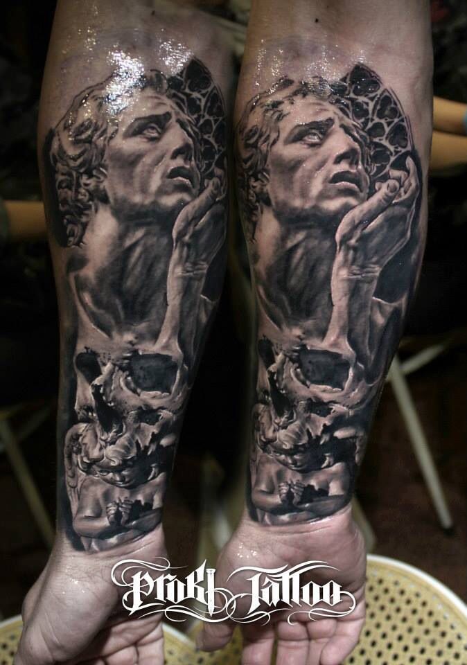 Grey Ink 3D Statue With Skull Tattoo On Forearm