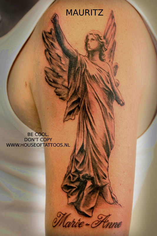 Grey Ink Angel Statue Tattoo On Left Shoulder