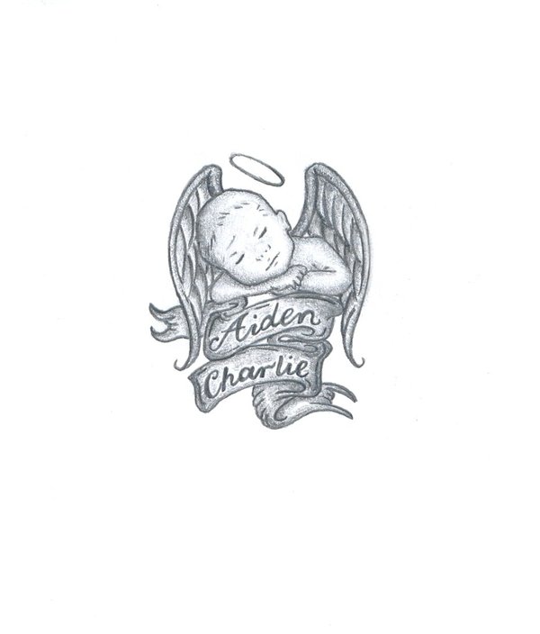 Grey Ink Baby Angel With Banner Tattoo Design