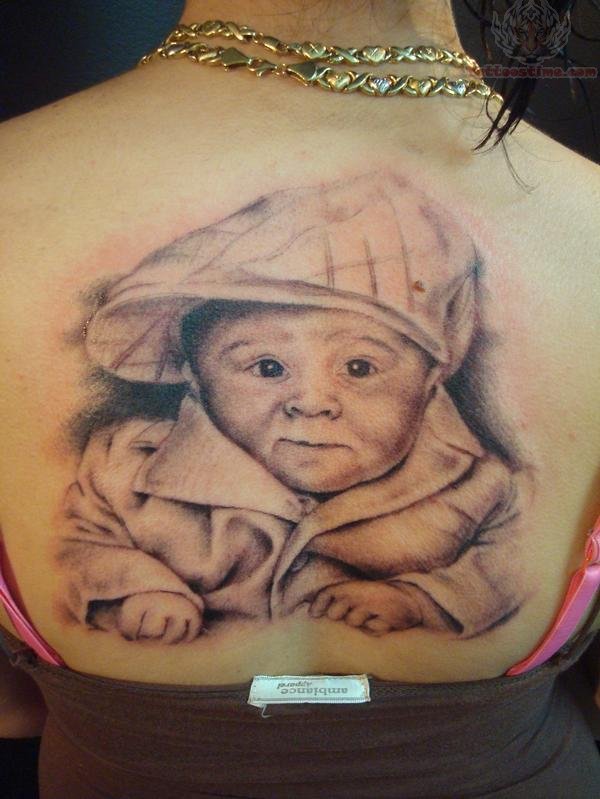 Grey Ink Baby Tattoo On Girl Upper Back