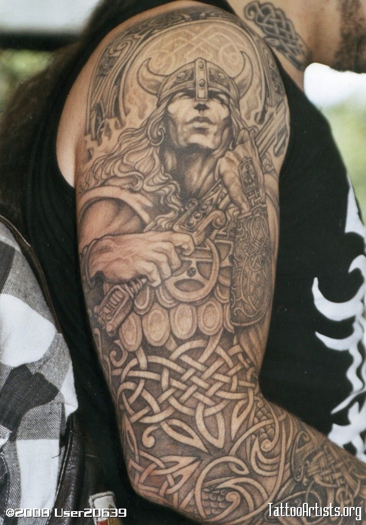 Grey Ink Celtic Warrior Tattoo On Right Half Sleeve