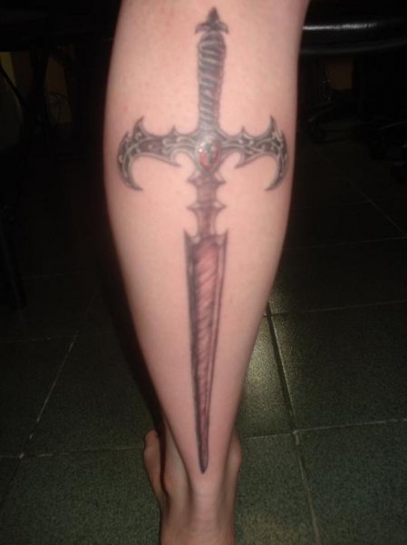 Grey Ink Dagger Tattoo On Leg Calf