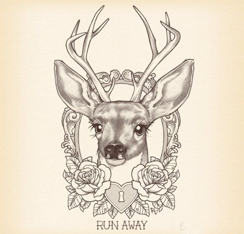 Grey Ink Deer Head In Frame With Two Roses Tattoo Design