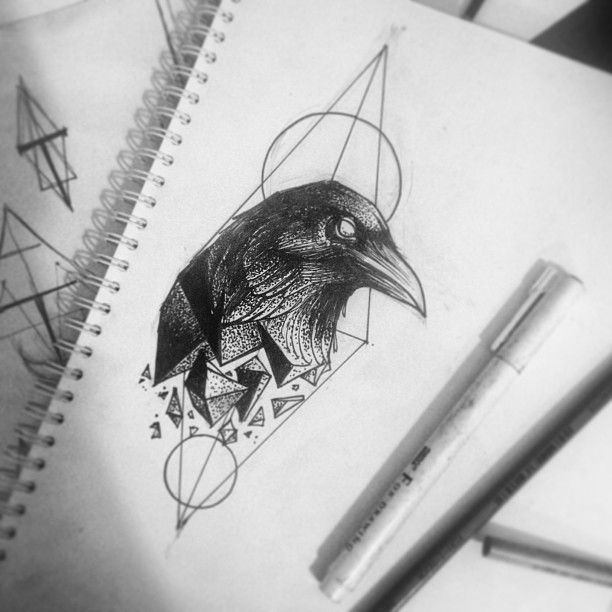 Grey Ink Geometric Raven Head Tattoo Design