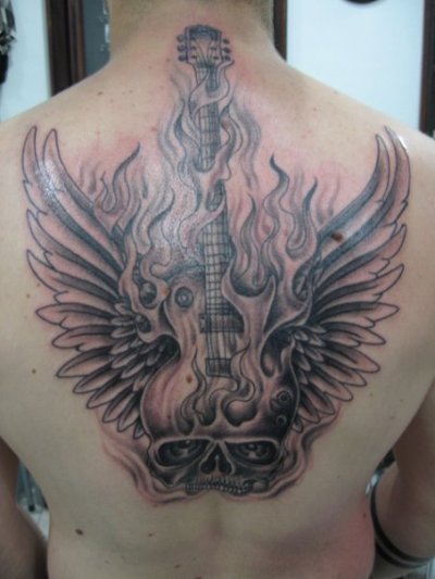 Grey Ink Guitar With Wings In Flame Tattoo On Upper Back