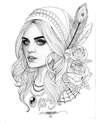 Grey Ink Gypsy Head With Roses Tattoo Design