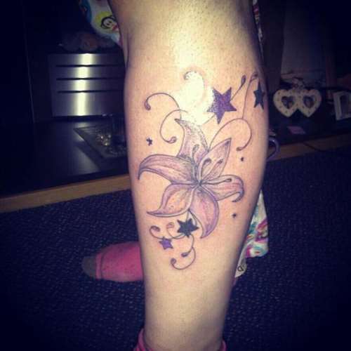 Grey Ink Lily Flower With Stars Tattoo On Leg Calf
