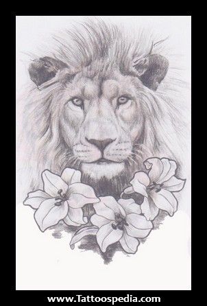 Grey Ink Lion Head With Lily Flowers Tattoo Design
