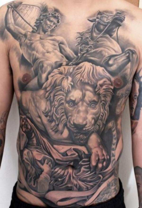 Grey Ink Lion With Man On Horse Statue Tattoo On Man Full Body