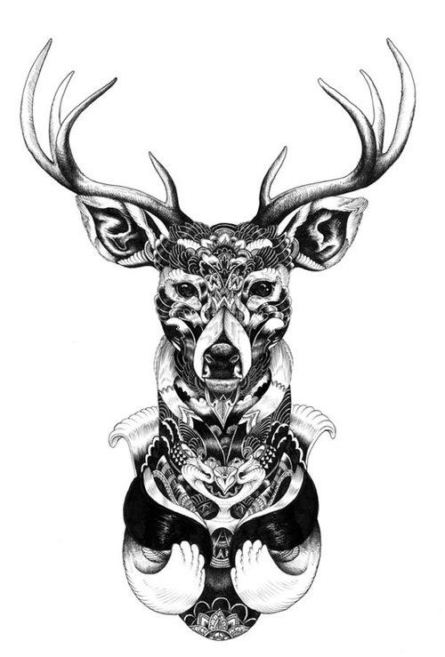 Grey Ink Mandala Deer Head Tattoo Design