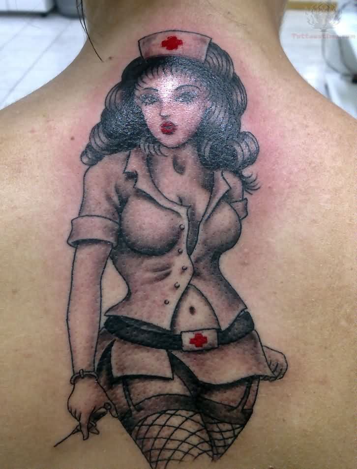 Grey Ink Nurse Tattoo On Upper Back