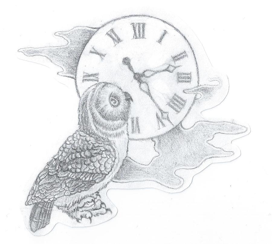 Grey Ink Owl With Clock Tattoo Design