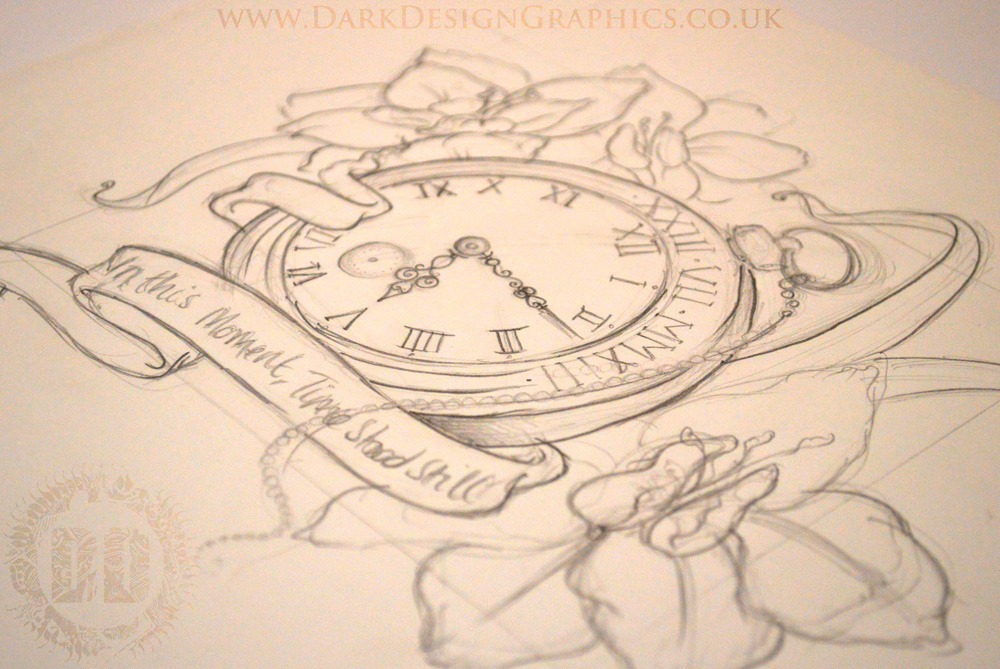 Grey Ink Pocket Watch With Banner And Flowers Tattoo Design