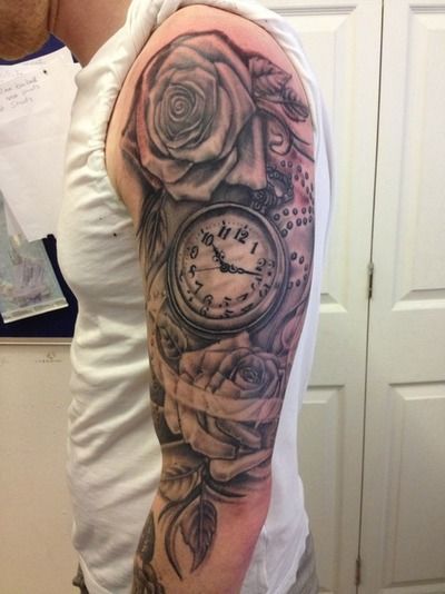 Grey Ink Pocket Watch With Roses Tattoo On Man Left Half Sleeve
