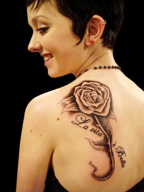Grey Ink Rose Tattoo On Women Left Back Shoulder