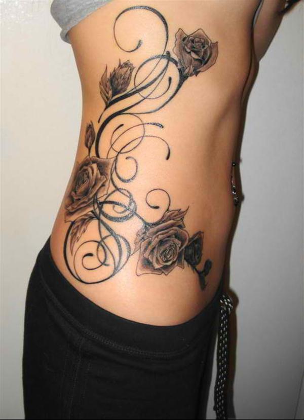 Grey Ink Roses Tattoo On Women Side Rib