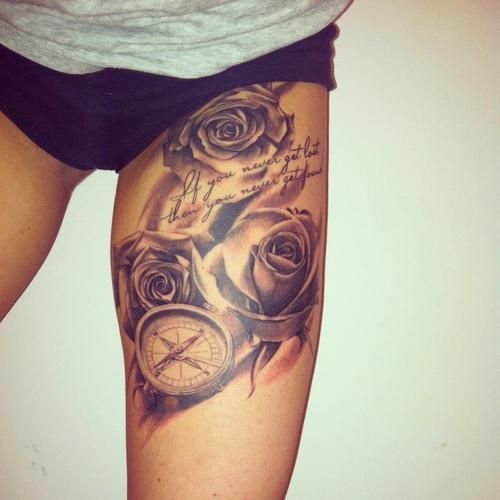 Grey Ink Roses With Compass Tattoo On Women Thigh