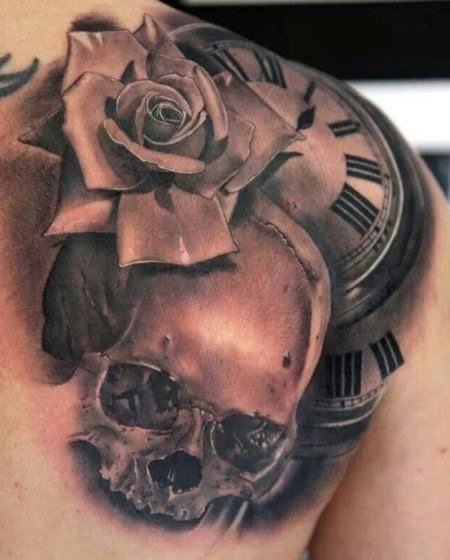 Grey Ink Skull With Clock And Rose Tattoo On Right Back Shoulder