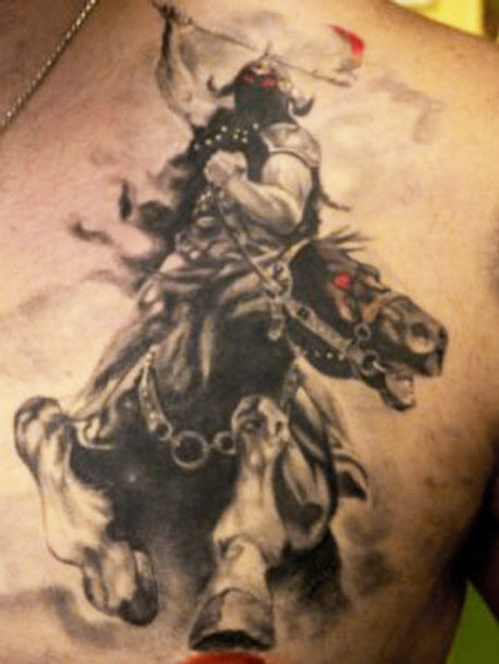 Grey Ink Warrior On Horse Tattoo On Left Front Shoulder