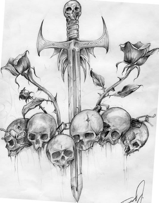 Grey Ink Warrior Sword With Skulls Tattoo Design