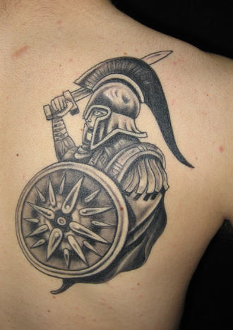 Grey Ink Warrior With Shield And Sword Tattoo On Right Back Shoulder