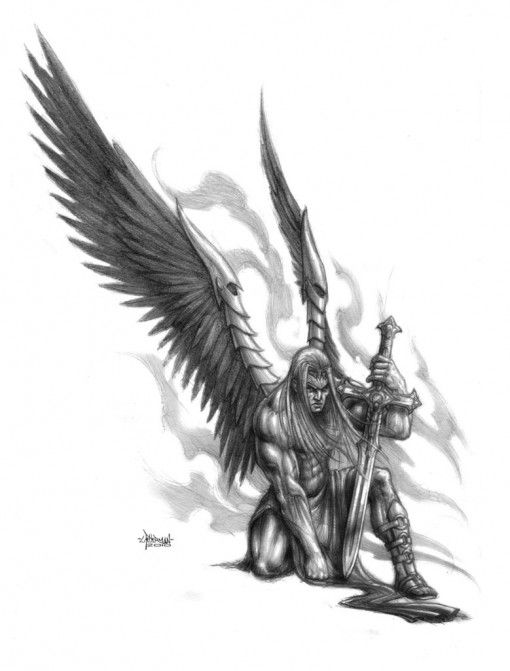 Grey Ink Warrior With Wings And Sword Tattoo Design