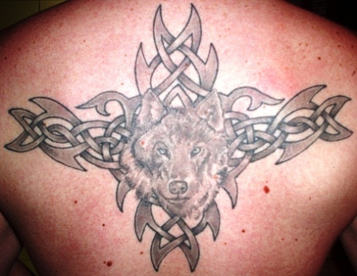 Grey Ink Wolf Head With Celtic Tattoo Design For Men