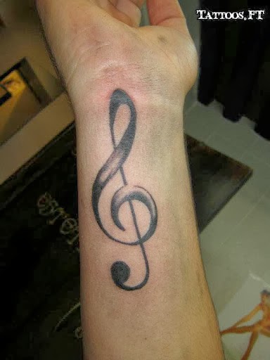 Grey Violin Key Tattoo On Right Wrist