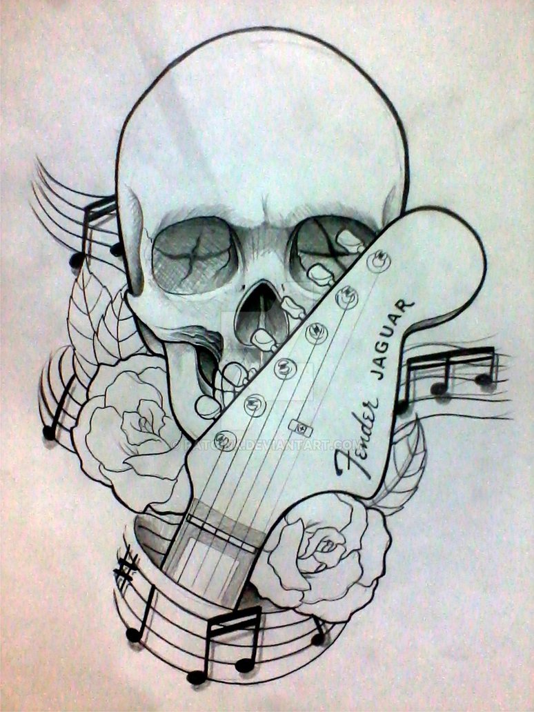 Guitar Hand Stock With Skull And Roses Tattoo Design By Pato