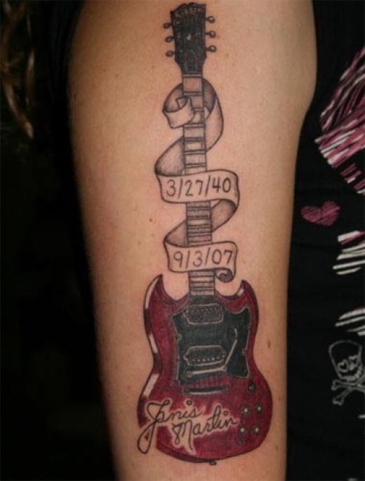 Guitar With Memorial Banner Tattoo On Half Sleeve